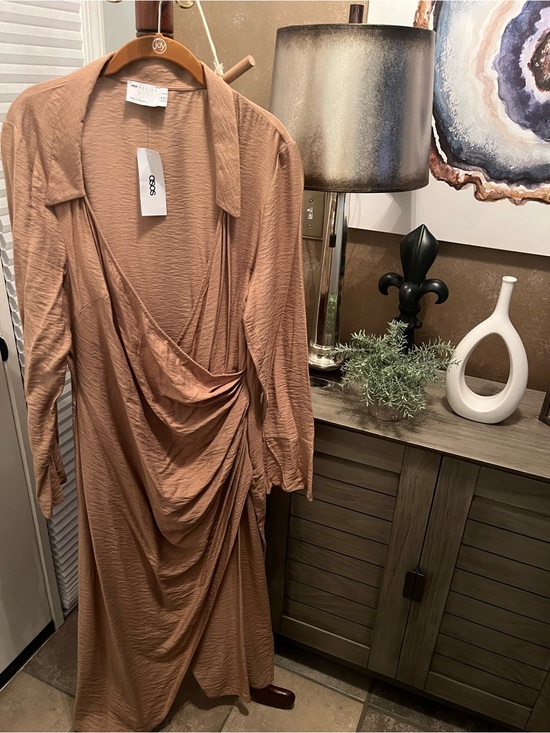 ASOS Dresses & Skirts - ASOS Tan Draped Faux Wrap Midi Dress Size:14 NWT